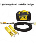 90 Foot Horizontal Lifeline System With Static Kernmantle Rope And Energy Absorber For Industrial Fall Protection Includes Two Six Foot Tie Off Adaptors Tensioner And Portable Black Bag with yellow straps and black rope.