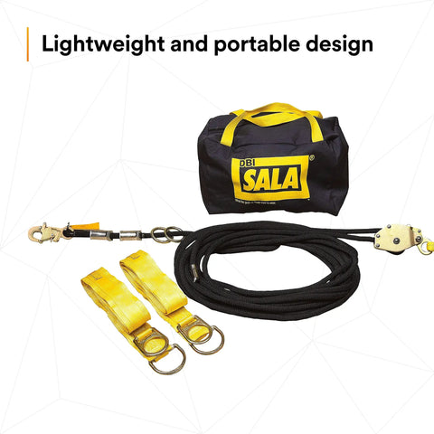 90 Foot Horizontal Lifeline System With Static Kernmantle Rope And Energy Absorber For Industrial Fall Protection Includes Two Six Foot Tie Off Adaptors Tensioner And Portable Black Bag with yellow straps and black rope.