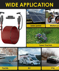SAE To SAE 30 Ft Extension Cable With 16 AWG Pure Copper Core shown with various applications like solar panels, RVs, motorcycles, lawn tractors.