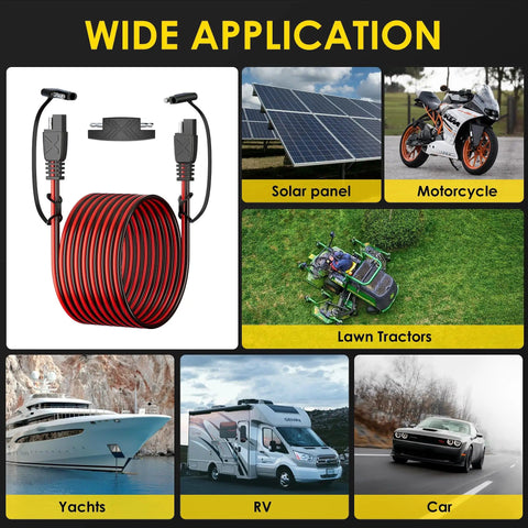 SAE To SAE 30 Ft Extension Cable With 16 AWG Pure Copper Core shown with various applications like solar panels, RVs, motorcycles, lawn tractors.