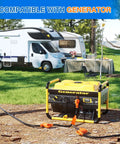 Backyard To Boondocks 50 To 50 Amp Rv Y Splitter Adapter Cord connected to generator near RV for outdoor power.