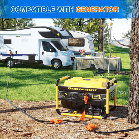 Backyard To Boondocks 50 To 50 Amp Rv Y Splitter Adapter Cord connected to generator near RV for outdoor power.