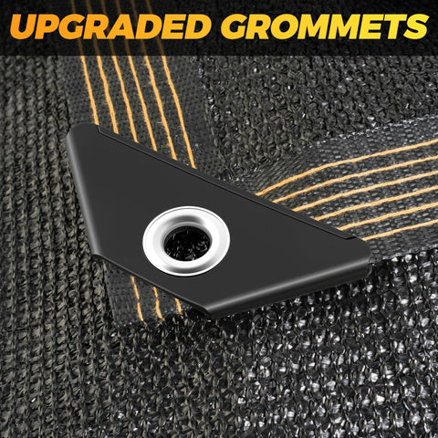Close-up of a Seventy Percent Shade Cloth 10x20 Feet Shade Net Mesh Tarp With Grommets Black, showing upgraded metal grommet.