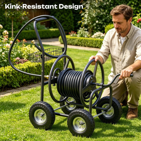 Man using Garden Hose Reel Cart With 250 Ft Capacity, 10 Inch Pneumatic Tires, Powder Coated Steel Frame in a garden