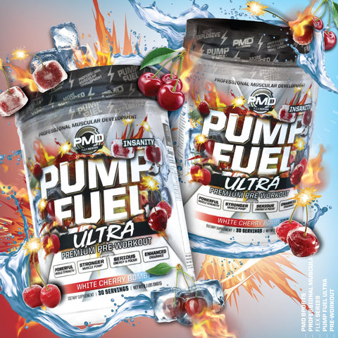 Pump Fuel Ultra Premium Pre-Workout Powder packaging with cherry and ice cube graphics