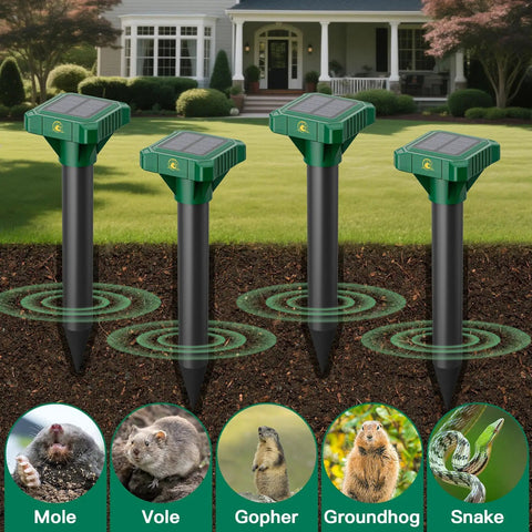 Solar Powered Mole And Gopher Deterrent Eight Pack with ultrasonic waves in a garden setting with pest icons