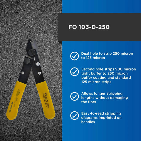 FO 103 D Series Dual Hole Fiber Optic Stripper For Tech Pros And Electricians, V Shaped Opening For Safe Cable Prep, Portable Wire Stripper Tool, Lightweight 2.72 Ounce Design For Clean Jacket And Buffer Strips