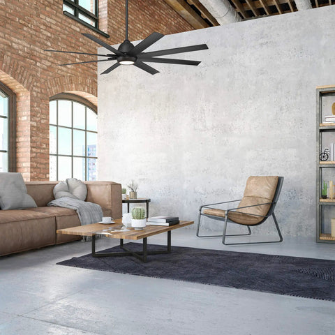66 Inch Outdoor Ceiling Fan With Integrated Led Lighting And Wireless Remote Matte Black installed in modern living room.