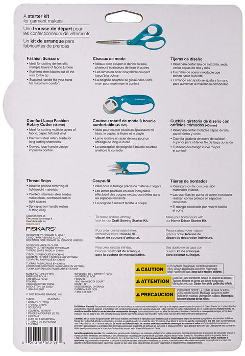 Back of Garment Making Starter Kit, 3-Piece Turquoise Set With Comfort Loop Rotary Cutter, product packaging details displayed.
