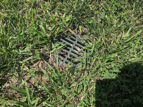 4 Inch Plastic Round Drainage Grate Cover No Fuss Debris Guard Fits 4 Inch Pipes installed in a grassy lawn area