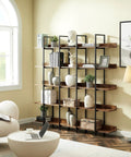 5 Tier Industrial Bookcase With Black Metal Frame Brown Finish Space Saving Storage Organizer in living room setting