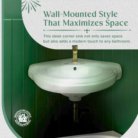22 Inch Corner Wall Mounted Bathroom Sink White With Overflow No Hardware Model 87333 in tight bathroom setup.