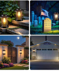 Garden scene with Solar Powered Hanging Lanterns Outdoor Waterproof 2 Pack Decorative Lights for Patio Porch Yard Balcony Table with 2700K Warm White Glow.