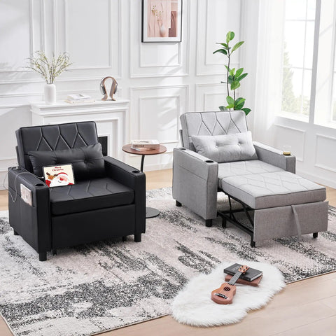 Leather Convertible Sleeper Chair Bed For Adults Cozy Four In One Pull Out Sofa Chair Bed With USB Type C Ports Black
