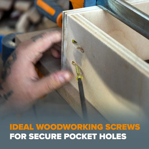 Person assembling wood with Pocket Hole Screws Two Inch Fine Thread Set Of Fifty For Hardwood Projects And Cabinetry Build Rock Solid Joints With Minimal Splitting And Color Coat Finish.