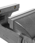 Heavy Duty 6 Inch Cast Iron Bench Vise With Swivel Base And Anvil, 3700 Lb Clamping Force, opens to 6-3/8 inches, close-up detail