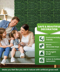 Family sitting on sofa with Boxwood Hedge Panel Pack 24 Count 20 By 20 Inches Artificial Grass Wall Backdrop in living room.