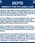 Image of HVAC Condensate Pump With Alarm 1/10 HP 115V features list highlighting usage with air conditioners and furnaces.