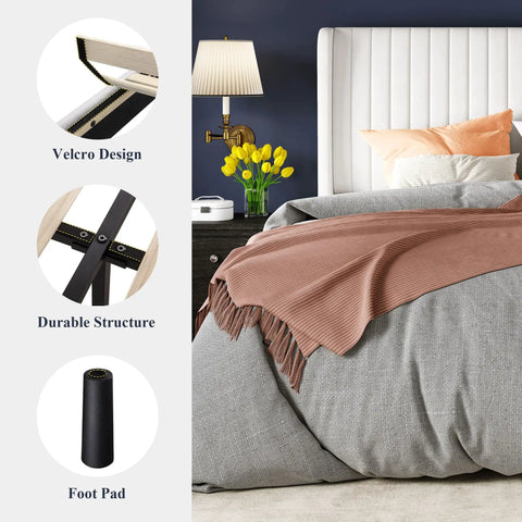 Detailed view of White Queen Velvet Bed Frame With Upholstered Wingback Headboard And Vertical Tufted Design showing durable metal structure.