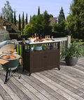 Outdoor Wood Grill Prep Table With Stainless Steel Top Waterproof Cover Dark Brown Finish Solid Wood Construction