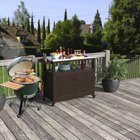 Outdoor Wood Grill Prep Table With Stainless Steel Top Waterproof Cover Dark Brown Finish Solid Wood Construction