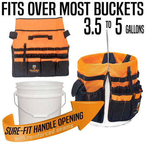 64 Pocket Bucket Tool Organizer Caddy For 5 Gallon Buckets With Beefy 600D Canvas Liner Insert shown with a white bucket