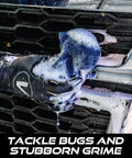 Person using Mesh Bug Scrub Sponge For Cars 4x6 Inch, Tar And Bug Remover, Microfiber Mesh With Foam Core on a car grill