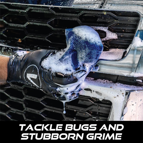 Person using Mesh Bug Scrub Sponge For Cars 4x6 Inch, Tar And Bug Remover, Microfiber Mesh With Foam Core on a car grill