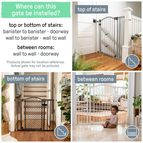 Extra Tall Decor Safety Gate For Kids And Pets In Gray Fits Openings From 28 To 38.25 Inches Wide And 36 Inches High Perfect For Doorways Stairways And Between Rooms No Fuss Install With Extensions And Stair Kit installation locations displayed