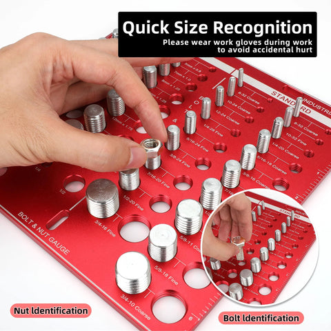 Nut and bolt gauge on red metal plate with 6 inch and 15 cm ruler; hand places a nut on a bolt.