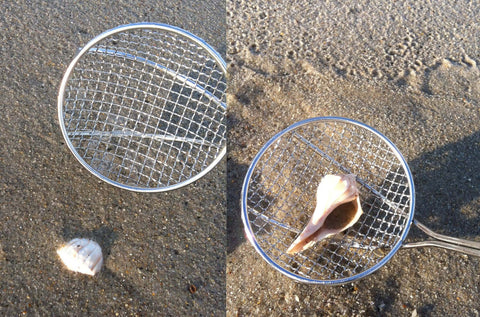 Back Saving Beach Sifter And Shovel Combo For Beachcombing with 4 inch basket on sandy beach, picking up seashells.