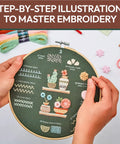 Hands holding 7.8-inch hoop with detailed embroidery patterns from Beginner Friendly Embroidery Kit With 4 Pre Printed 12x12 Cloths.