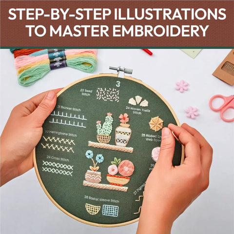 Hands holding 7.8-inch hoop with detailed embroidery patterns from Beginner Friendly Embroidery Kit With 4 Pre Printed 12x12 Cloths.