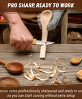 Hella Sharp And Tough Left Handed Wood Carving Knife Set Sloyd Spoon Blades Hook Whittling Tool in use, carving wooden spoon.