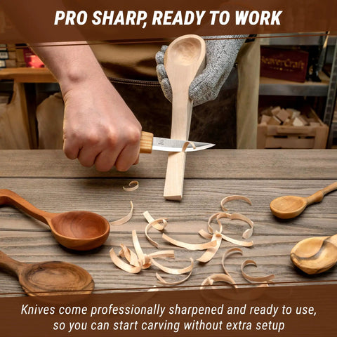 Hella Sharp And Tough Left Handed Wood Carving Knife Set Sloyd Spoon Blades Hook Whittling Tool in use, carving wooden spoon.