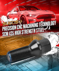 BMW 14x1.25 Lug Bolts Black Beefed Up 20 Pack 28mm Shank Conical Seat showcased with car and CNC machinery background