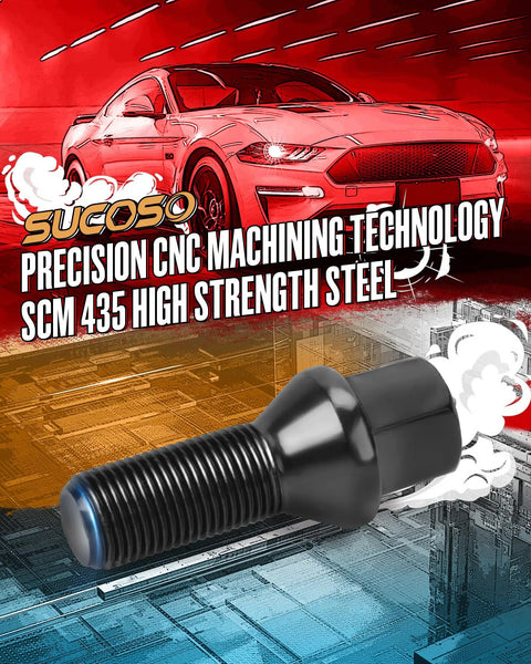 BMW 14x1.25 Lug Bolts Black Beefed Up 20 Pack 28mm Shank Conical Seat showcased with car and CNC machinery background