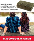 Couple sitting on Warm Fire Retardant Wool Blanket For Camping And Hunting Olive Drab Green 66 By 90 Inches Outdoors