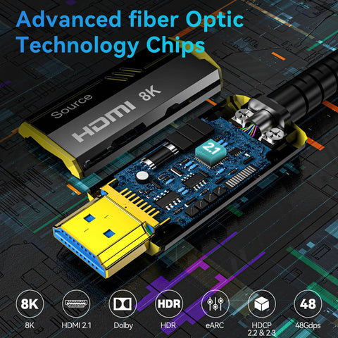Detailed view of Fifty Foot Fiber Optic HDMI 2.1 Cable 48Gbps showcasing advanced chips and gold plated connectors.