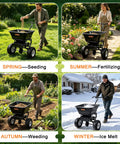 People using Heavy Duty Walk Behind Broadcast Spreader With 100 Pound Hopper And 13 Inch All Terrain Tires for seasonal tasks.