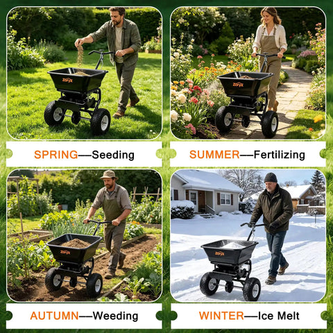 People using Heavy Duty Walk Behind Broadcast Spreader With 100 Pound Hopper And 13 Inch All Terrain Tires for seasonal tasks.
