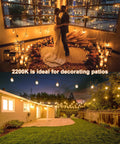 Safe 12V LED Outdoor String Lights For Patios And Pergolas 96 Ft Total With 30 Shatterproof Bulbs Warm White 2200K shown at wedding and backyard
