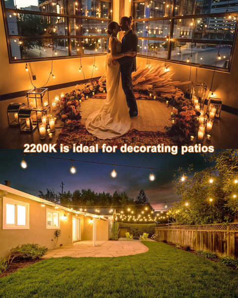 Safe 12V LED Outdoor String Lights For Patios And Pergolas 96 Ft Total With 30 Shatterproof Bulbs Warm White 2200K shown at wedding and backyard