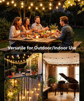 People dining under dimmable outdoor string lights with remote 100ft waterproof G40 LED bulbs shatterproof connectable patio lighting.