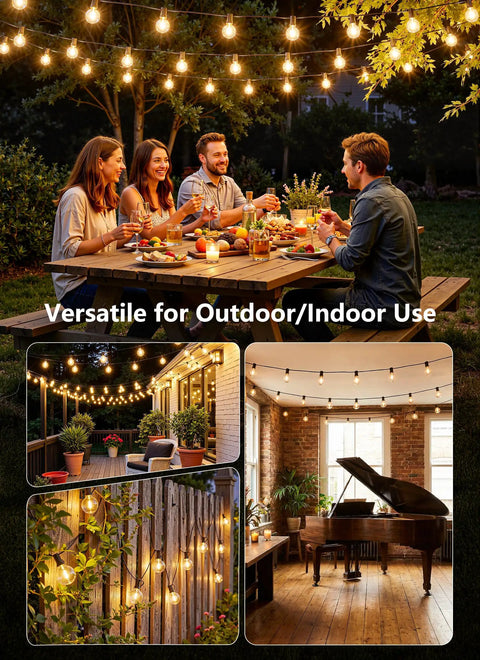 People dining under dimmable outdoor string lights with remote 100ft waterproof G40 LED bulbs shatterproof connectable patio lighting.