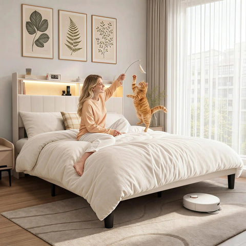 Queen Size Upholstered Bed Frame With Built In Charging Headboard And Hidden Storage Shelves Beige Platform Base featuring a woman and cat playing.