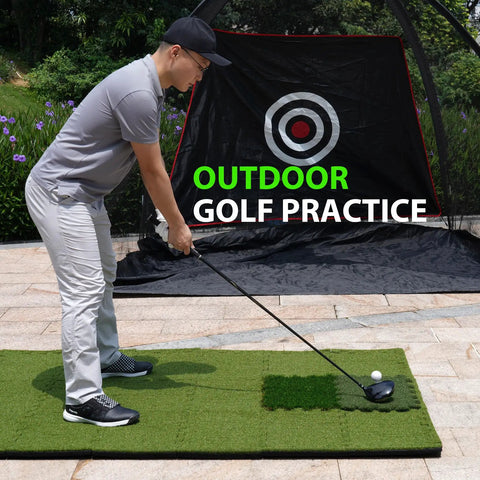 Person practicing swing on Tri Turf Golf Hitting Mat With Thick EVA Foam Base For Indoor Outdoor Backyard Practice Real Feel