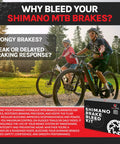Cyclists with Shimano MTB bikes next to Shimano Hydraulic Brake Bleed Kit box for mountain bike brake maintenance.