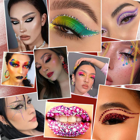 Collage showing Clear Rhinestone Bedazzling Kit use on makeup, eyes, lips with mixed sizes 2mm-6mm for fashion and creative DIY looks.