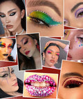 Various eye and lip makeup looks featuring colorful rhinestones and intricate designs.